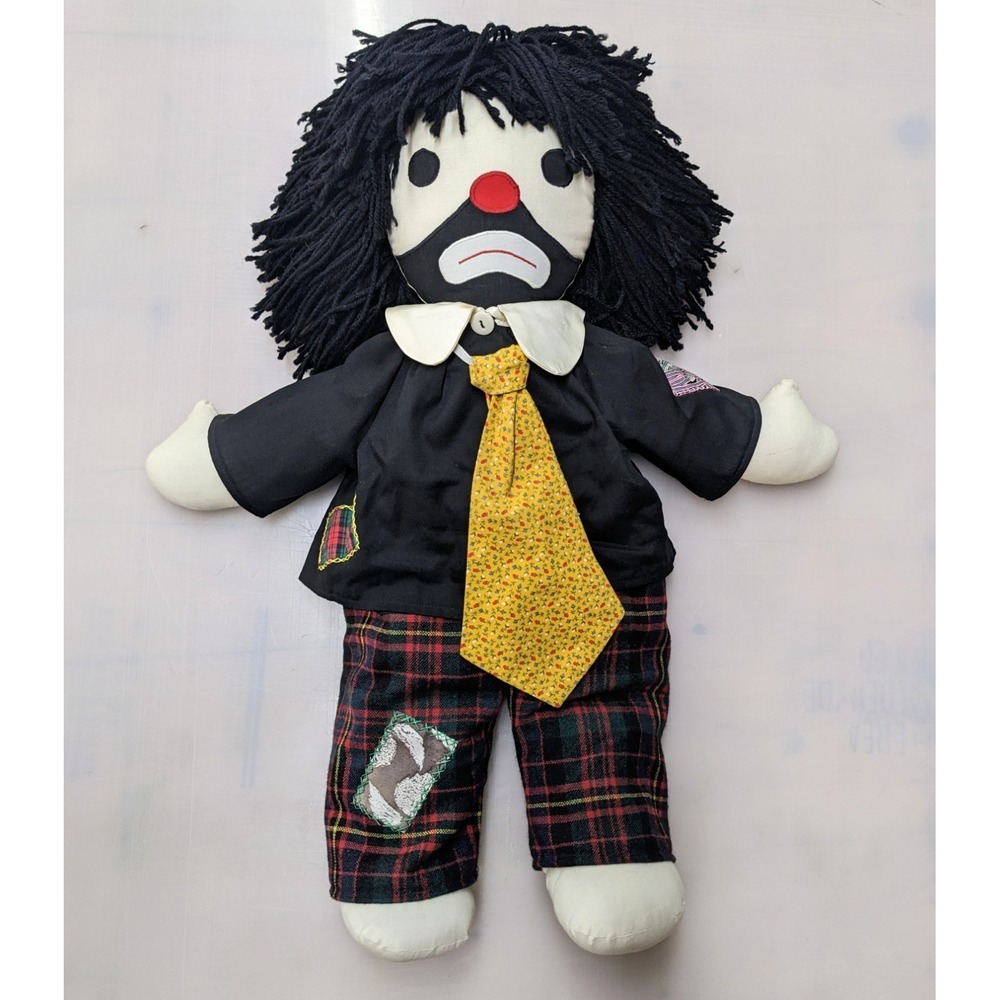 Vintage Sad Hobo Clown Rag Doll Cloth Stuffed Black Yarn Hair Plaid Folk Art 22"